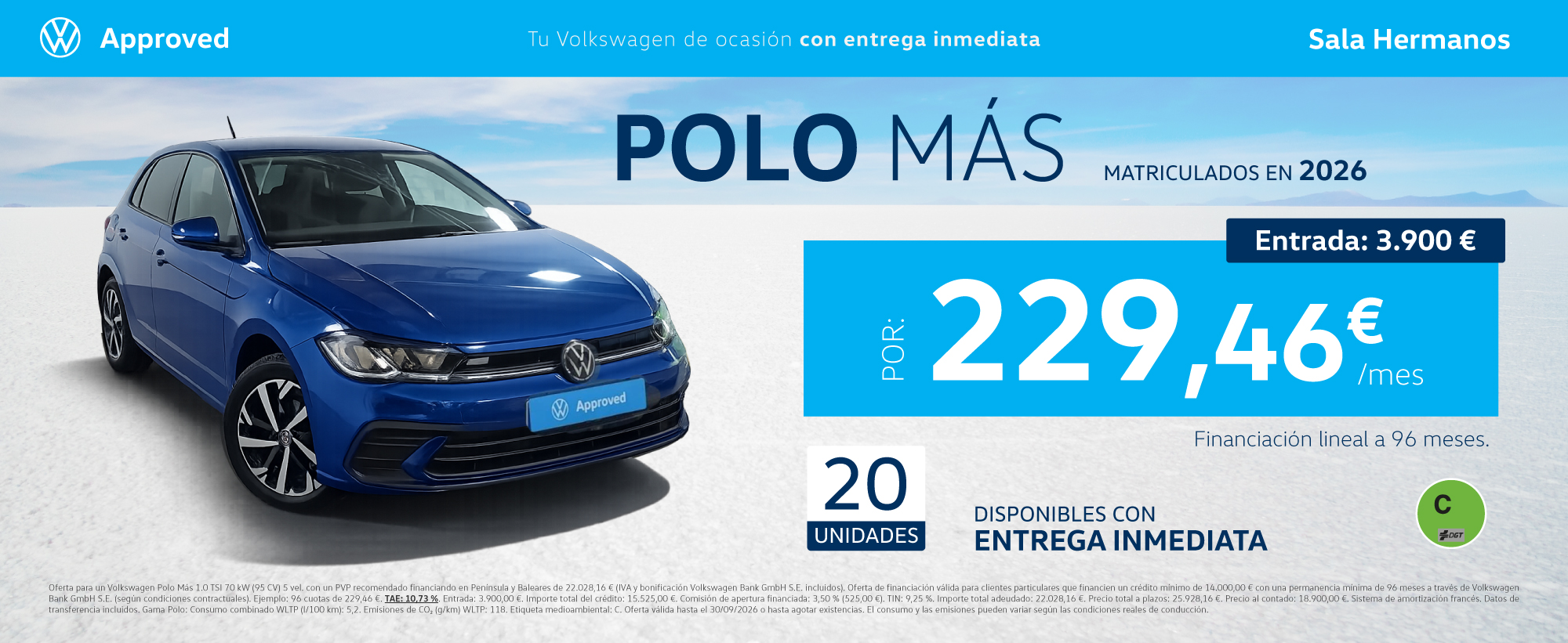 ¡20 unidades! Volkswagen Polo Más Approved por 229,46€/mes